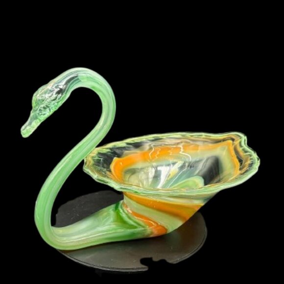 Vintage 1960's Hand-Blown Art Glass Large Swan Green Candy Trinket Dish 12.5" - Picture 3 of 8